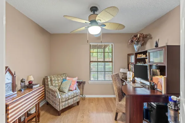 a garden view with a seating space