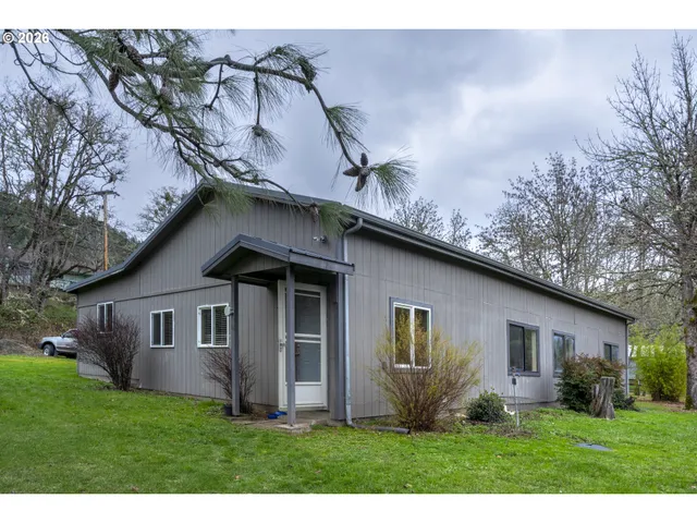 a view of a yard in front of a house with plants and large tree