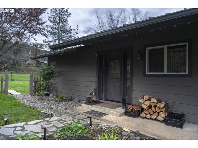 a couple of potted plants in front of door