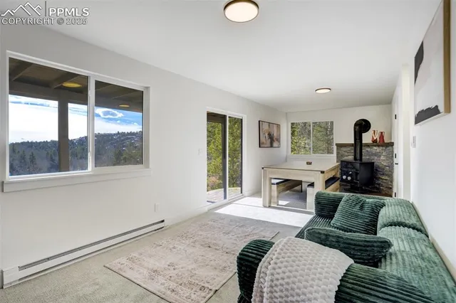 a bedroom with a bed and a table