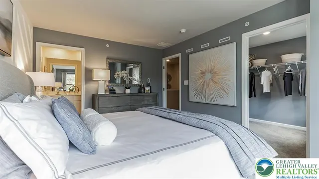 a bedroom with a bed and walk in closet