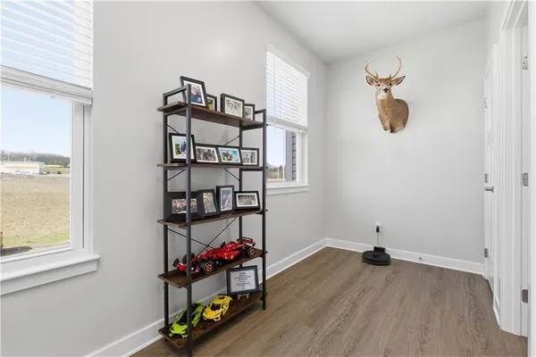 an empty room with wooden floor and closet