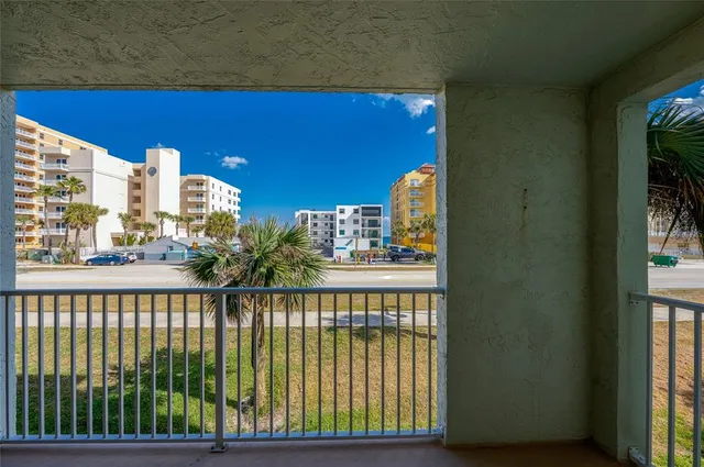 a view of a building from a balcony