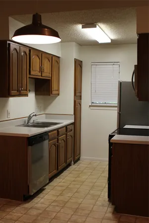 a kitchen with a sink and a refrigerator