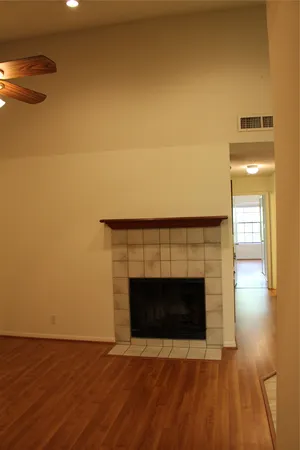 a room with a fireplace