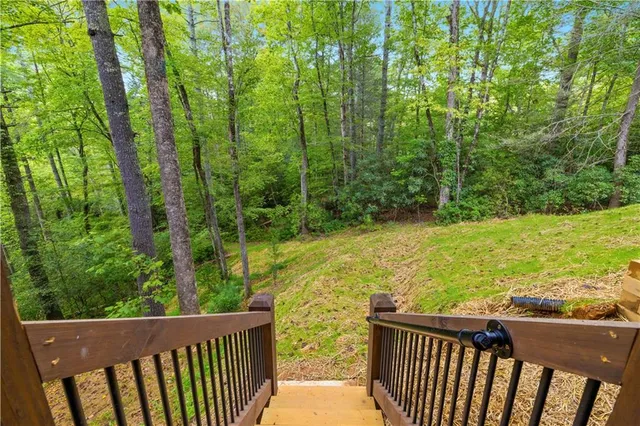 a view of a yard with large trees
