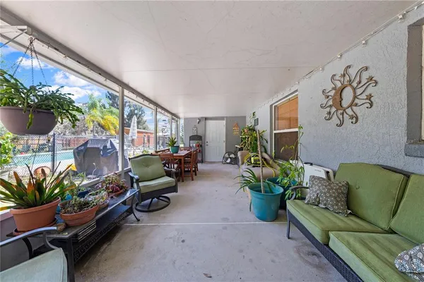 a living room with furniture potted plant and a large window