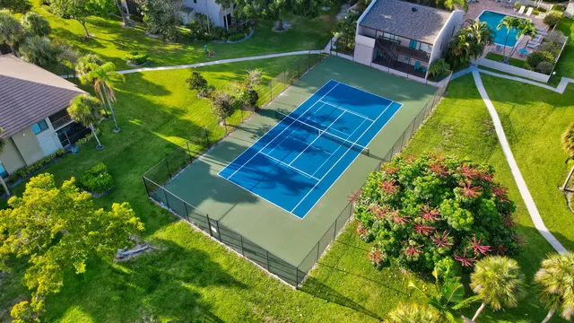 an aerial view of a pool