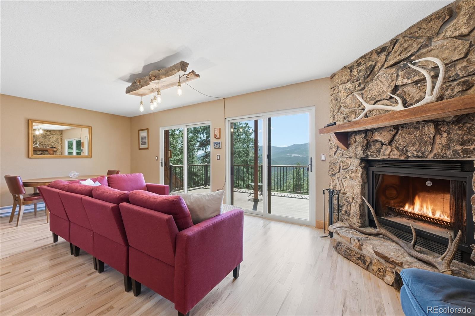 16 Auk Lane Bailey, CO 80421 - Photo 7 of 39 a living room with furniture a large window and a fireplace