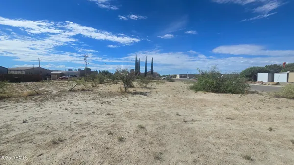 a view of a dry yard with wooden fence