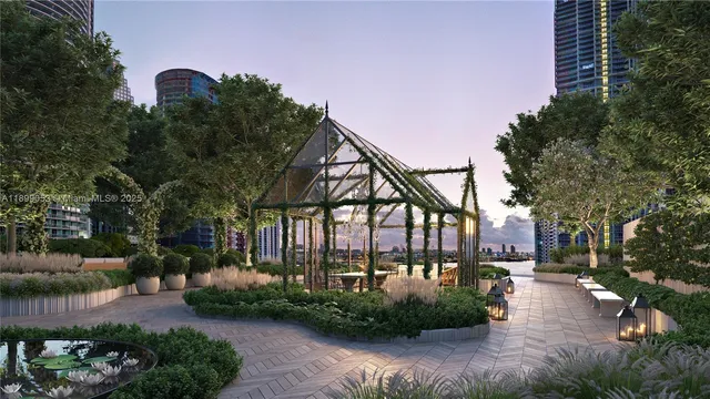 a kitchen with kitchen island a large window in it