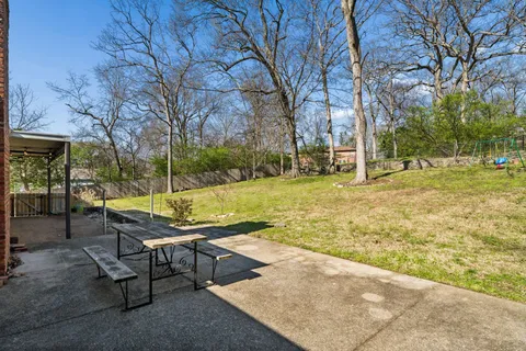 a backyard of a house with table and chairs