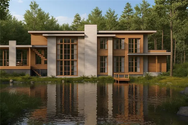 front view of a house with a lake view