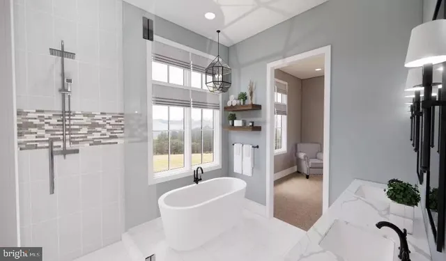 a spacious bathroom with a shower and bathtub