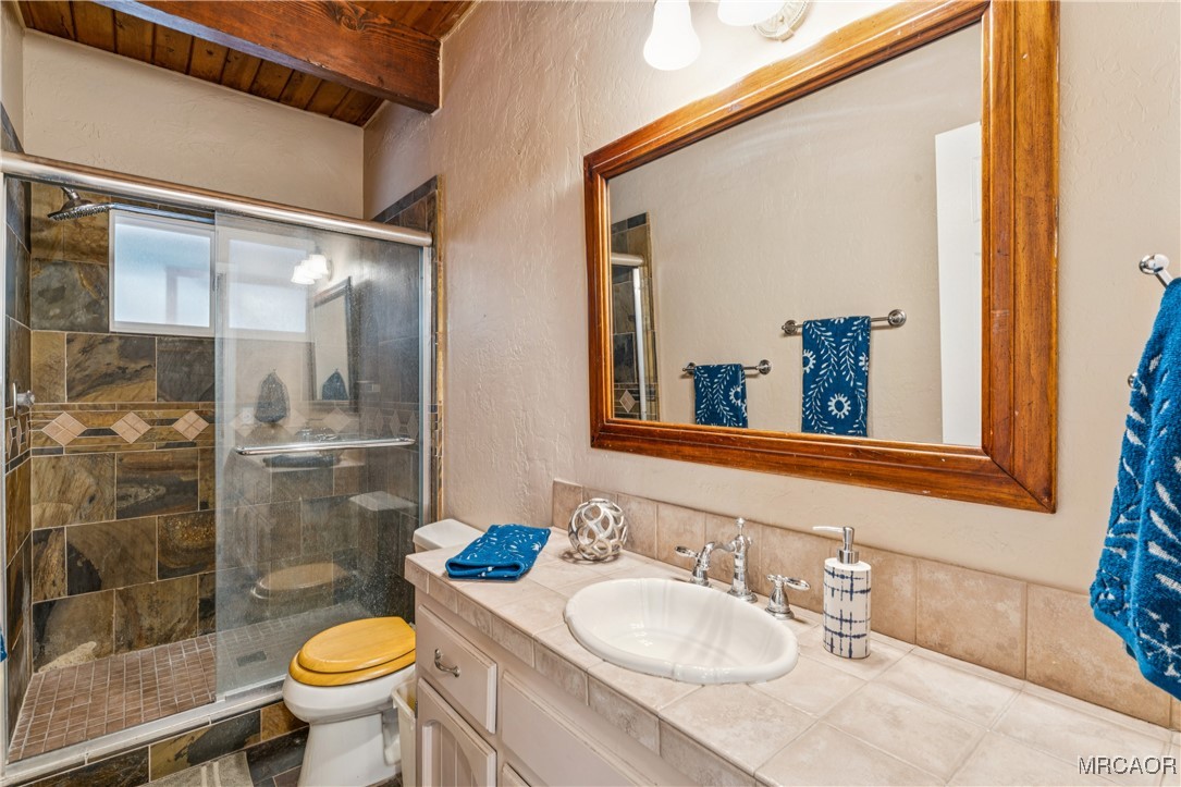 296 Massive Road Lake Arrowhead, CA 92352 - Photo 15 of 43 a bathroom with a sink toilet and shower