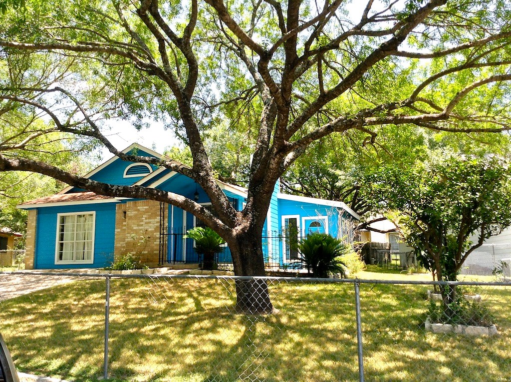 front view of a house with a large trees