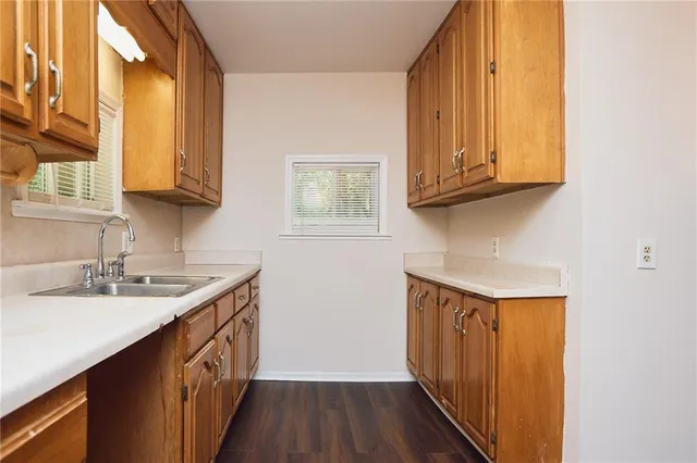 a kitchen with a sink a window and cabinets