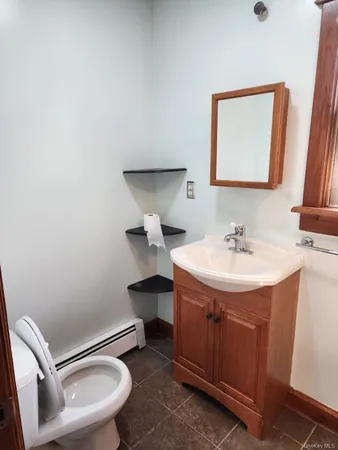 a bathroom with a sink toilet and mirror