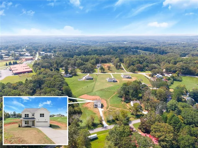 an aerial view of residential houses with outdoor space and trees