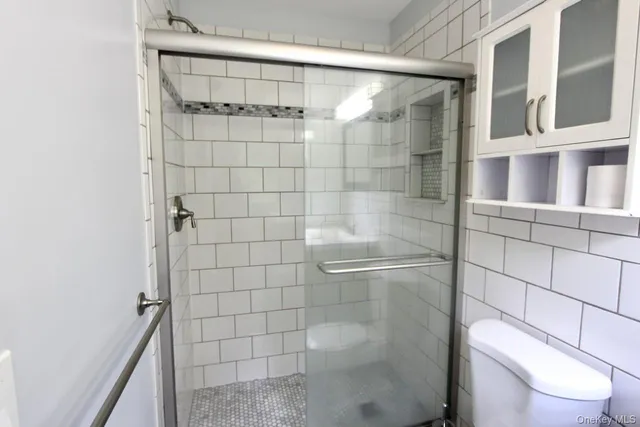 a bathroom with a shower and toilet