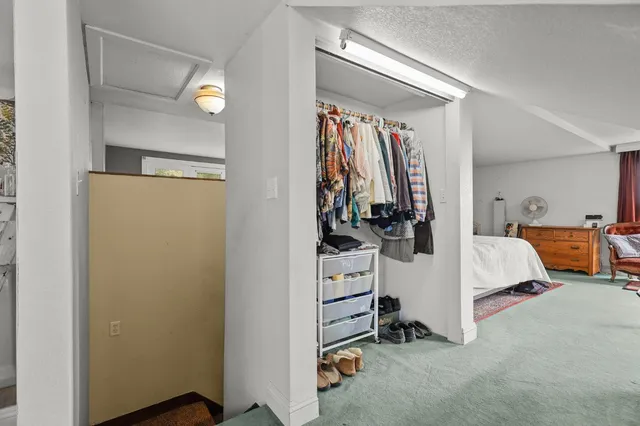 an aerial view of residential houses with outdoor space and river