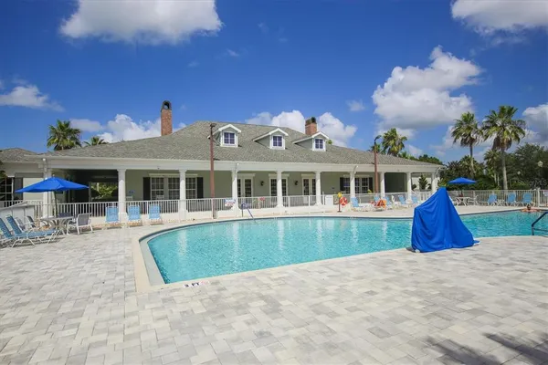 an aerial view of a swimming pool