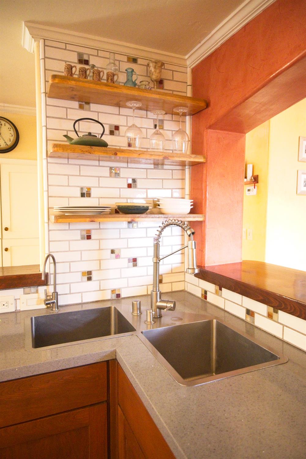 126 Center Street Jackson, CA 95642 - Photo 33 of 95 Unique corner sink with custom tile backsplash and floating shelves