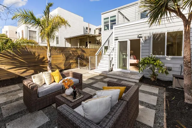 front view of a house with a patio