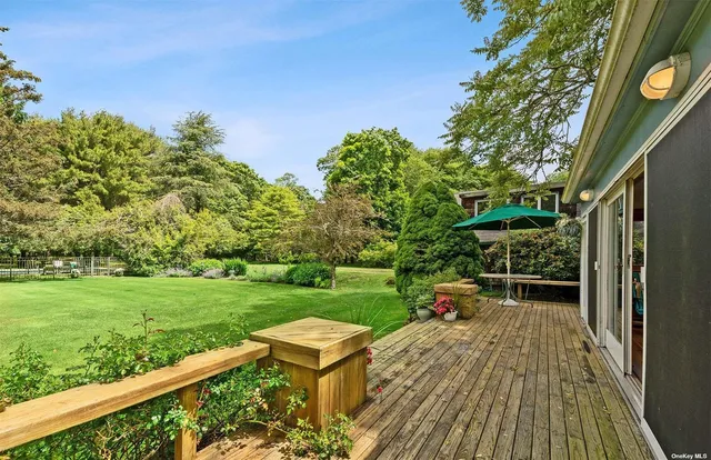 a garden view with a seating space
