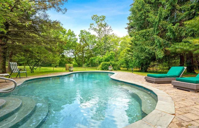 a view of a swimming pool with a yard