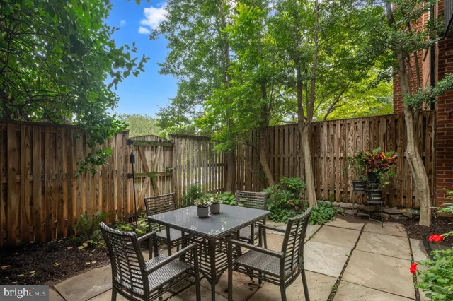 a view of backyard with table and chairs and a large tree
