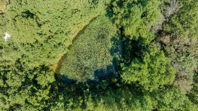 an aerial view of a house with a yard and street
