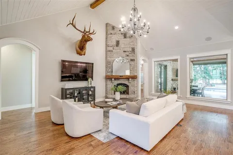 a living room with fireplace furniture and a flat screen tv