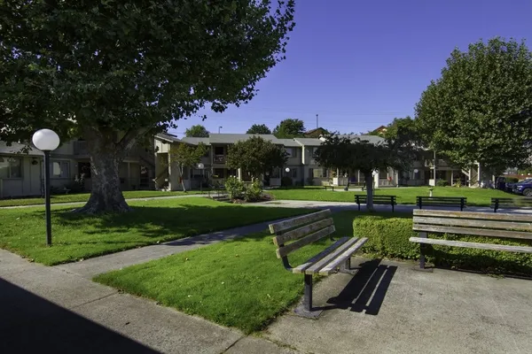 a garden view with a sitting space