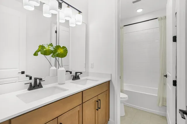 a bathroom with a shower sink vanity and a mirror