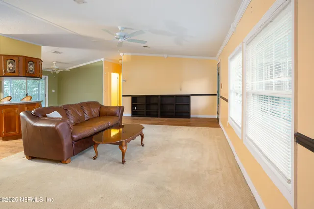 a living room with furniture a ceiling fan and a rug