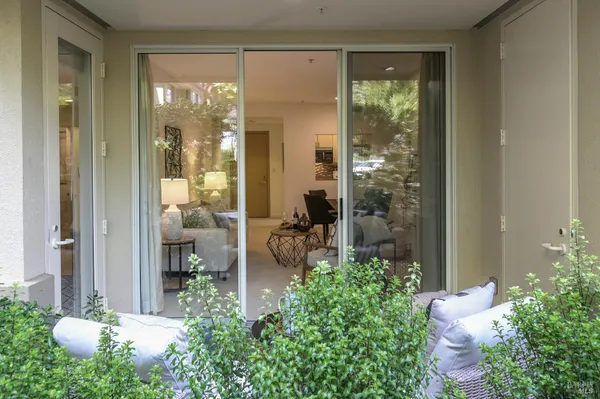 a garden view with sitting space