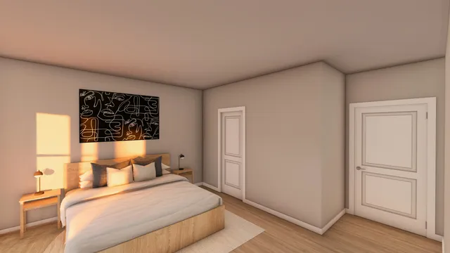 a bedroom with a bed and a mirror