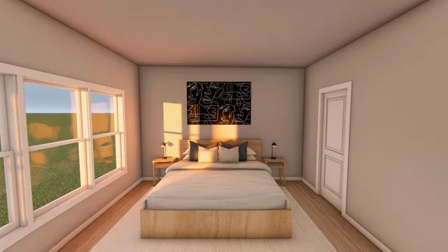 a bedroom with a bed and a large window