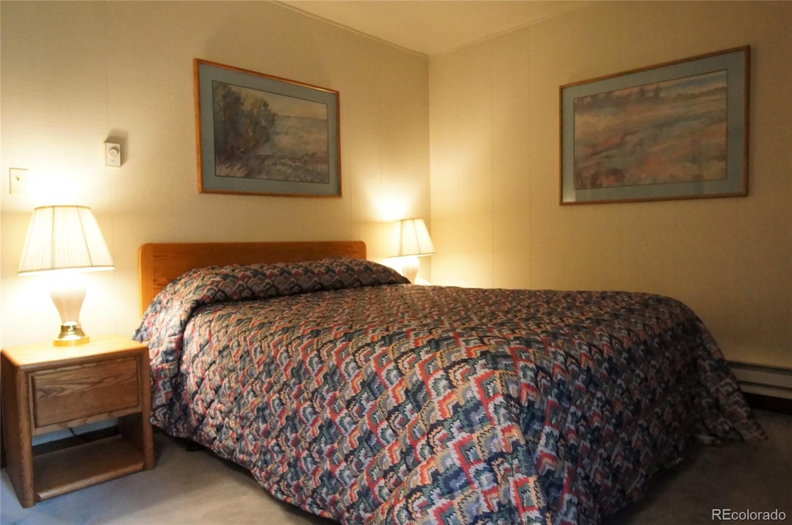 373 Wild Irishman Road, Unit 1071 Dillon, CO 80435 - Photo 8 of 19 a bedroom with a bed and a lamp on dresser