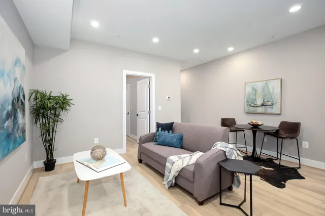 a living room with furniture and a potted plant