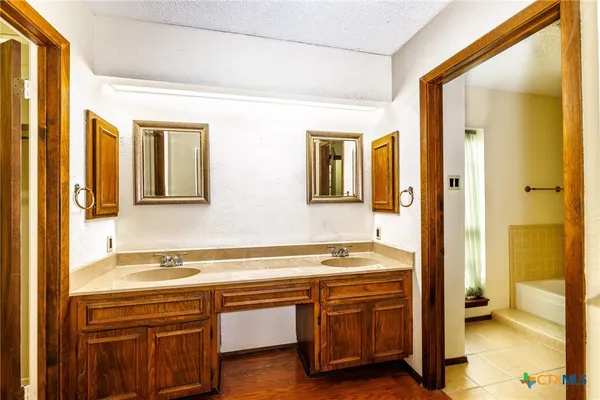 a bathroom with a sink and a mirror