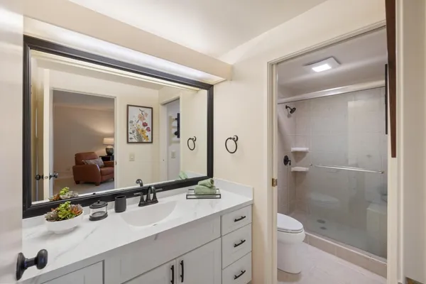 a bathroom with a sink a toilet a mirror and shower