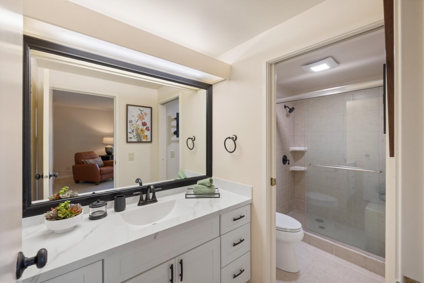 4 Ocean Pines Lane Pebble Beach, CA 93953 - Photo 22 of 49 a bathroom with a sink a toilet a mirror and shower