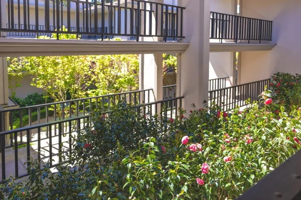a view of a house with a flower garden