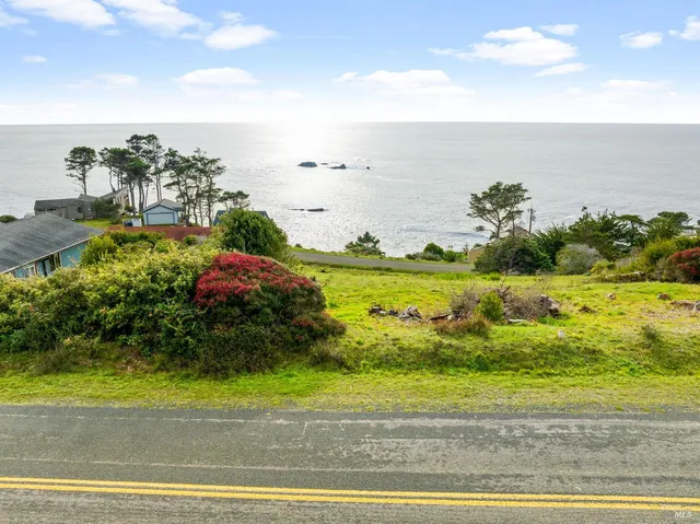 a view of a yard with an ocean view