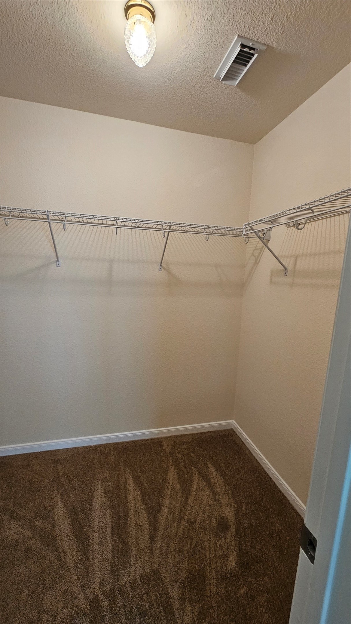 7918 Barnes Ridge Lane Houston, TX 77072 - Photo 15 of 34 This photo shows a spacious walk-in closet with beige walls, carpeted flooring, and wire shelving on two sides.