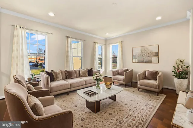 a living room with furniture potted plant and a window