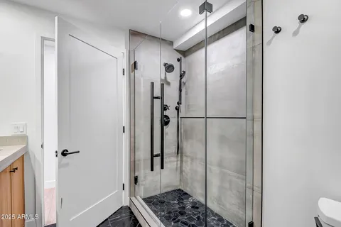 a bathroom with a shower and a toilet