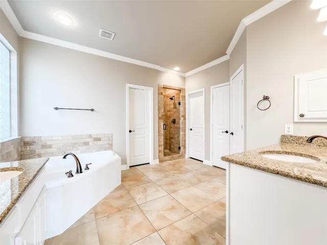 a spacious bathroom with a granite countertop tub sink and mirror